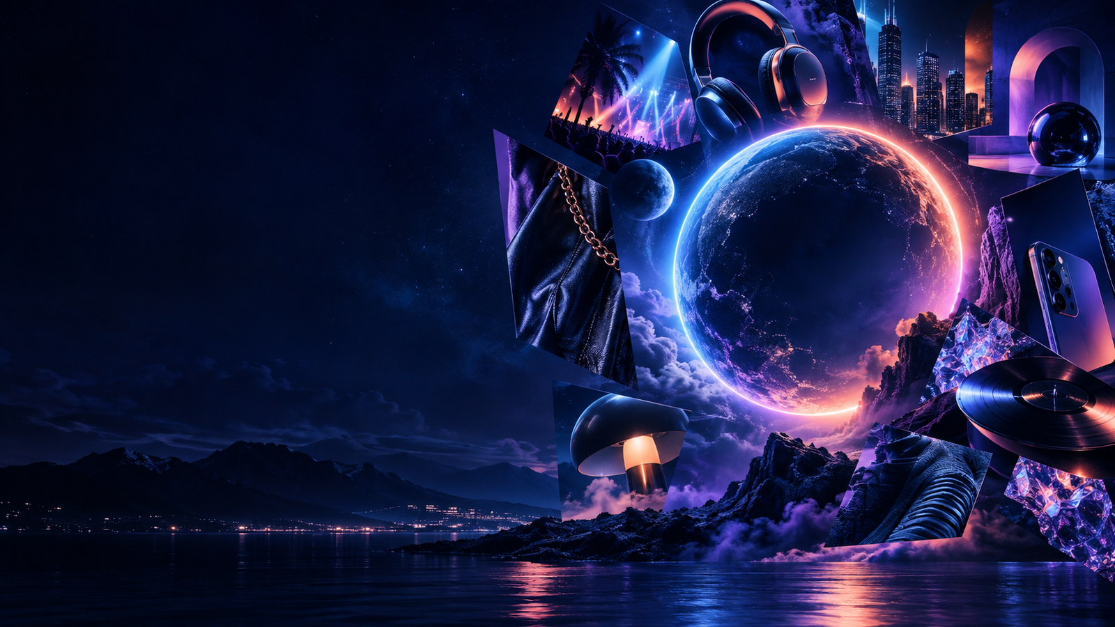 A glowing planet surrounded by music, style, technology, and culture